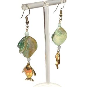 Nautical Womens Dangle Earrings Gold Tone Blue Fish Shell Jewelry Handmade